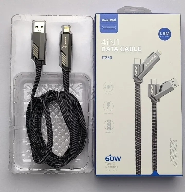 Great Wall JT250 4-in-1 Data Cable: 1.5M Multi-Connector, Universal Charging & Sync