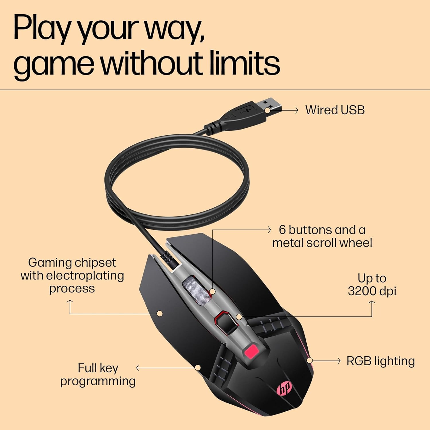 HP M270 Backlit USB Wired Gaming Mouse with 6 Buttons 4-Speed Customizable 2400 DPI Ergonomic Design Breathing LED Lighting Metal Scroll Wheel Lightweight - Image 4