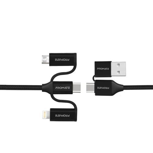 Promate PentaPower 6-in-1 Cable: Hybrid Cable: USB-C, Micro-USB, Lightning - Fast Charging & Data 60W USB-C PD, Multi-Connector for All Devices