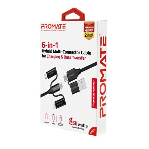 Promate PentaPower 6-in-1 Cable: Hybrid Cable: USB-C, Micro-USB, Lightning - Fast Charging & Data 60W USB-C PD, Multi-Connector for All Devices