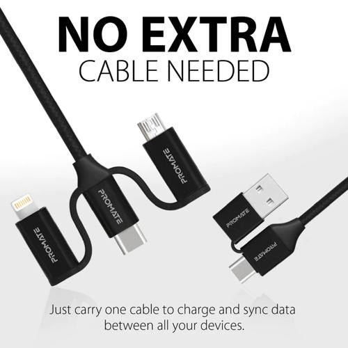 Promate PentaPower 6-in-1 Cable: Hybrid Cable: USB-C, Micro-USB, Lightning - Fast Charging & Data 60W USB-C PD, Multi-Connector for All Devices