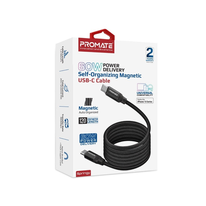 Promate Springy Magnetic Cable 60W: Self-Organizing 1.2M Fast Charge Cable