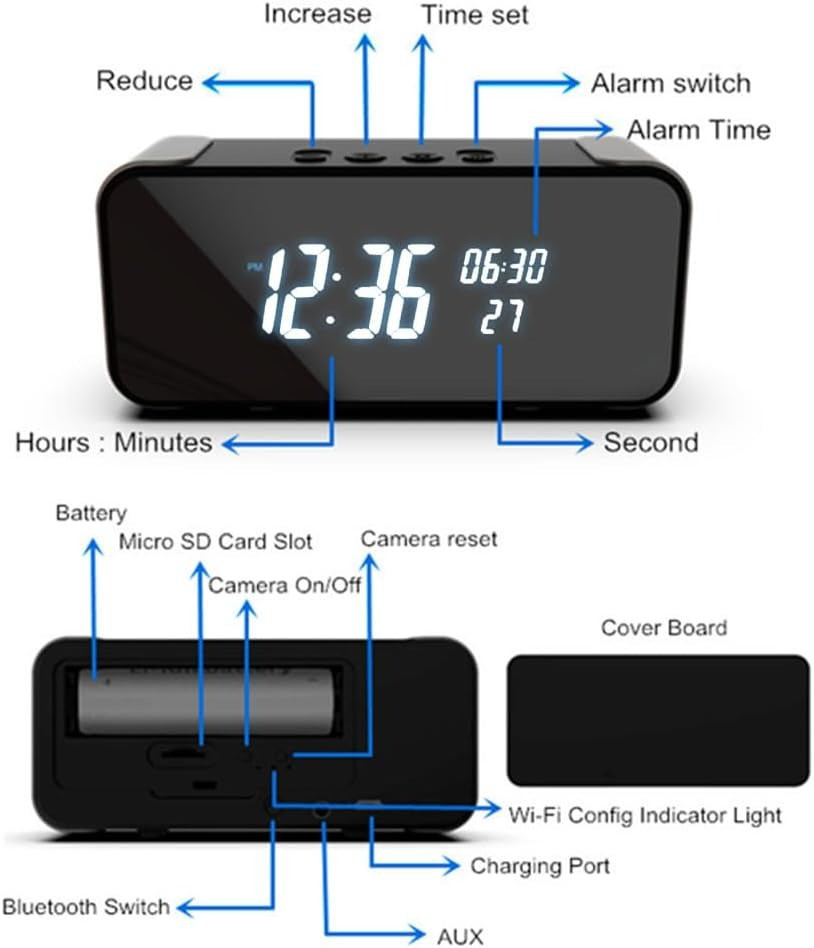 T8S Alarm Table Clock Motion Security HD 1080P Wireless WiFi IP IR DV Cam Hidden Camera