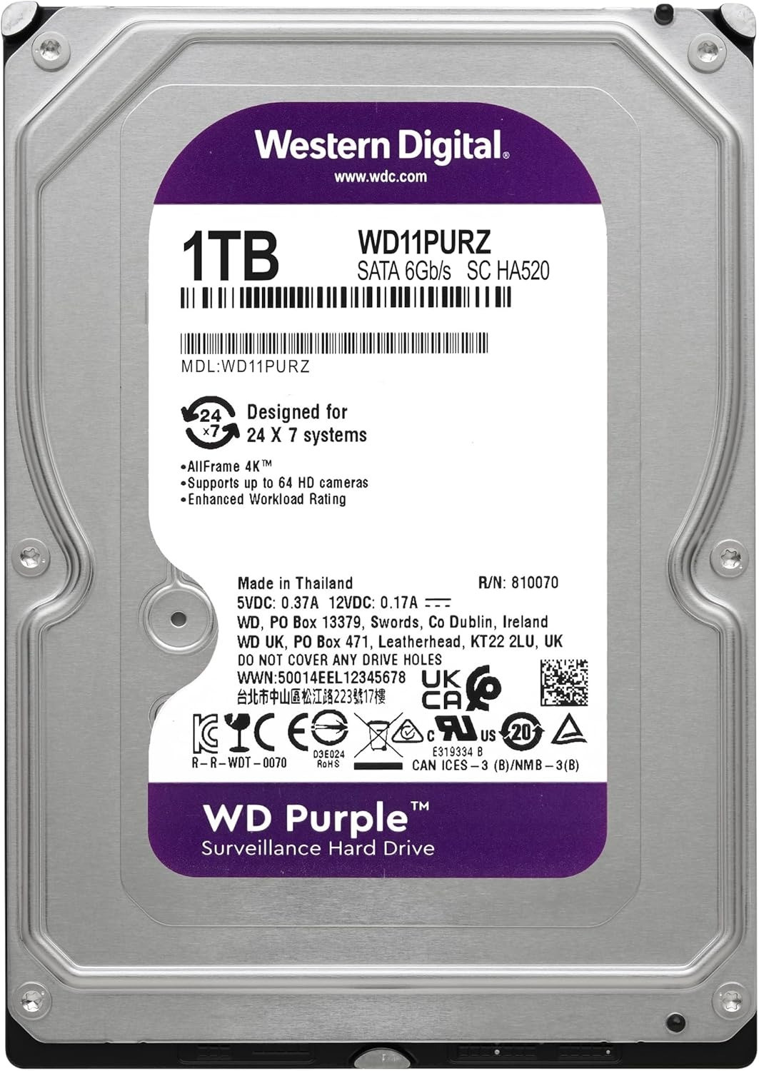 Western Digital 1TB WD Purple Surveillance Internal Hard Drive 5400 RPM Class SATA 6 Gb/s 64 MB Cache 3.5
