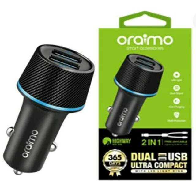 Oraimo OCC-21D Car Charger with 2-in-1 Cable: Dual Port USB Car Adapter & Fast Charging Cable