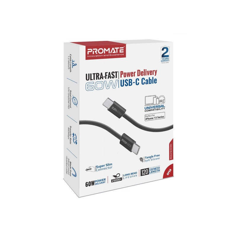 Promate CC120 EcoLine USB-C Cable: Ultra-Fast 60W Power Delivery, Sustainable Charging