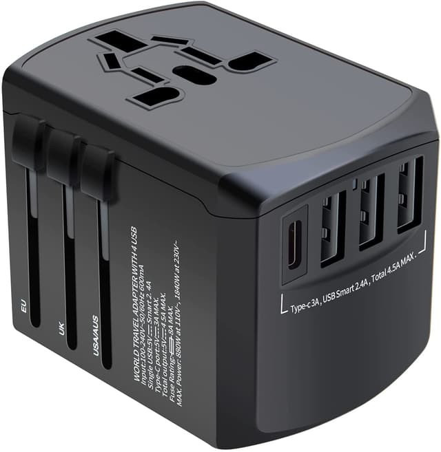 S-TEK Universal Super Speed Travel Adapter: All-in-One International Power Plug with 4 USB Ports (including USB-C), Worldwide Compatibility
